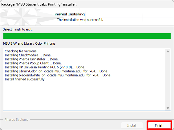 Window showing the successful installation of printers